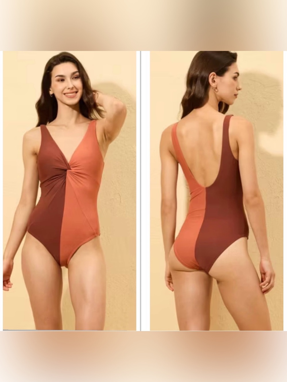 Shade & Shore Twist-Front Colorblock One-Piece Swimsuit - Rust & Brick
